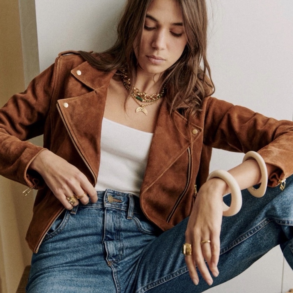 NWT Sezane Zig suede jacket, camel, size 6